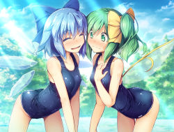 Rule 34 | 2girls, ^ ^, ass, bare arms, bare shoulders, blue bow, blue hair, blue one-piece swimsuit, blue sky, blush, bow, breasts, chima q, cirno, closed eyes, cloud, collarbone, commentary request, covered erect nipples, cowboy shot, daiyousei, day, facing another, fairy wings, green eyes, green hair, hair between eyes, hair bow, hand on own chest, highres, ice, ice wings, leaning forward, light rays, multiple girls, nose blush, one-piece swimsuit, open mouth, outdoors, school swimsuit, shiny clothes, short hair, side ponytail, skindentation, sky, small breasts, smile, standing, sweat, swimsuit, thighs, touhou, tree, v arms, wings, yellow bow