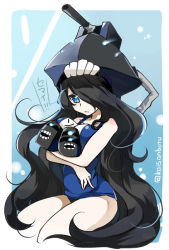 Rule 34 | 10s, 1girl, abyssal ship, black hair, blue eyes, breasts, collarbone, colored skin, hair over one eye, hat, kaisanbutsu, kantai collection, large breasts, long hair, name tag, one-piece swimsuit, school swimsuit, so-class submarine, solo, swimsuit, turret, twitter username, very long hair, white skin