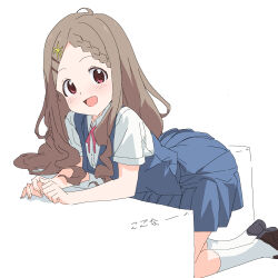 Rule 34 | 1girl, aoba kokona, brown hair, dot nose, female focus, hair ornament, hairclip, ikumono, looking at viewer, open mouth, red eyes, school uniform, shoes, short-sleeved shirt, short sleeves, simple background, socks, solo, white background, white socks, yama no susume