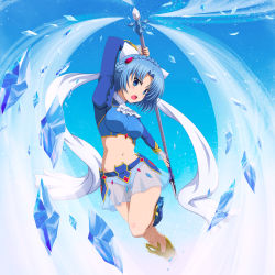 Rule 34 | 1girl, absurdres, arm up, blue eyes, blue footwear, blue hair, blue panties, blush, braid, breasts, ascot, crown braid, hair ornament, hair rings, highres, holding, holding polearm, holding weapon, ice shard, ishida seito, knee blush, leg lift, long sleeves, looking at viewer, ludmila lourie, madan no ou to vanadis, magic, midriff, navel, open mouth, panties, polearm, revision, see-through, short hair, skirt, solo, spear, underwear, weapon