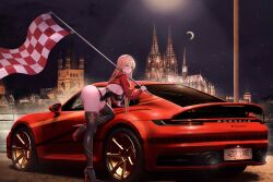 Rule 34 | ass, azur lane, bismarck (azur lane), blonde hair, boots, breasts, checkered flag, cityscape, cologne cathedral, crescent moon, flag, highres, jacket, kcar66t, large breasts, long hair, moon, night, night sky, porsche 911, race queen, red jacket, sideboob, sky, swimsuit, thigh boots