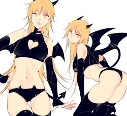Rule 34 | 1girl, ass, bat (animal), black horns, black panties, black thighhighs, blonde hair, breasts, cleavage, cleavage cutout, closed mouth, clothing cutout, collar, commentary request, detached sleeves, facing viewer, fake horns, fake tail, fake wings, fang, from side, genderswap, genderswap (mtf), heart cutout, horns, izumi kouhei, long hair, long sleeves, looking at viewer, multiple views, navel, open mouth, panties, pepper fever, simple background, sleeves past wrists, smile, stomach, surprised, tail, thigh gap, thighhighs, thighs, underwear, white background, wings, world trigger, yellow eyes
