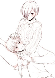 Rule 34 | 1boy, 1girl, alternate costume, bad id, bad pixiv id, blush, closed mouth, commentary request, hair over one eye, hand on another&#039;s head, hetero, kaneki ken, kirishima touka, long sleeves, looking at another, lying, monochrome, on lap, raglan sleeves, short hair, shorts, smile, sweater, tokyo ghoul, tokyo ghoul:re, toukaairab, turtleneck