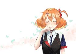 Rule 34 | 1girl, bad id, bad pixiv id, blonde hair, blue butterfly, bow, brown hair, bug, butterfly, closed eyes, crying, dress shirt, freyja wion, hair bow, hair ornament, heart, heart hair ornament, highres, insect, macross, macross delta, multicolored hair, one side up, open mouth, pote-mm, red bow, shirt, short hair, short sleeves, simple background, solo, tears, two-tone hair, upper body, white background, white shirt