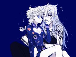 Rule 34 | 2girls, arm tattoo, black lips, blue eyes, braid, breasts, bug, cleavage cutout, clothing cutout, diavolo, fishnet top, fishnets, genderswap, genderswap (mtf), giorno giovanna, grabbing another&#039;s chin, hand on another&#039;s chin, heart, heart print, insect, jojo no kimyou na bouken, ladybug, long hair, multiple girls, partially colored, polka dot hair, red eyes, sempon (doppio note), sitting, sitting on lap, sitting on person, small breasts, sparkle, tattoo, vento aureo, wing ornament, yuri