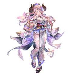 Rule 34 | 1girl, alpha transparency, black bow, blue eyes, blush, bow, breasts, bug, butterfly, draph, flower, full body, granblue fantasy, hair bow, hair flower, hair ornament, hair over one eye, horns, insect, japanese clothes, kimono, large breasts, light purple hair, long hair, looking at viewer, minaba hideo, narmaya (granblue fantasy), obi, official art, open mouth, platform clogs, pointy ears, ponytail, purple flower, sash, smile, solo, tabi, transparent background, yukata
