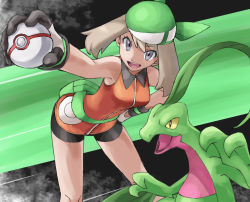 Rule 34 | &gt;:d, 1girl, :d, bandana, bare arms, bare legs, bare shoulders, bent over, bike shorts, breasts, collared dress, creatures (company), dress, eyes visible through hair, fanny pack, female focus, game freak, gen 3 pokemon, gloves, green bandanna, grey eyes, grovyle, hand on own hip, highres, holding, holding poke ball, legs, legs apart, light brown hair, looking at viewer, may (pokemon), may (pokemon emerald), medium breasts, multicolored clothes, multicolored gloves, nintendo, open mouth, orange dress, outstretched arm, poke ball, pokemon, pokemon (creature), pokemon emerald, pokemon rse, premier ball, pretty-purin720, round teeth, short dress, short hair, sleeveless, sleeveless dress, smile, standing, teeth, upper teeth only