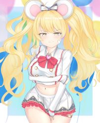 Rule 34 | animal ears, arm under breasts, artist request, bandage on face, bandages, blonde hair, brooch, cosplay, covering crotch, covering privates, crop top, fake animal ears, granblue fantasy, heart, heart brooch, highres, jewelry, midriff, miniskirt, monika weisswind, mouse ears, navel, pleated skirt, skirt, solo, twintails, vikala (granblue fantasy), vikala (granblue fantasy) (cosplay), yellow eyes