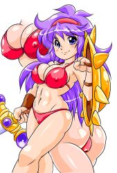 Rule 34 | 1girl, ass, athena (series), bikini, blue eyes, breast focus, breasts, cleavage, close-up, covered erect nipples, curvy, highres, large breasts, legs, long hair, navel, princess athena, purple hair, red bikini, smile, snk, solo, swimsuit, sword, thick thighs, thighs, thong bikini, toned, weapon