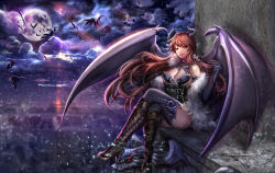 Rule 34 | 1girl, bat (animal), black gloves, boots, brown hair, cloud, cloudy sky, corset, cross-laced footwear, crossed legs, demon, demon girl, demon wings, elbow gloves, flying, fog, fur, gargoyle, gloves, glowing, glowing eyes, high heel boots, high heels, highres, holding, holding own hair, horns, jewelry, lace-up boots, ledge, long hair, looking at viewer, moon, necklace, night, original, parted lips, purple theme, red eyes, sangrde, sitting, sky, solo focus, star (sky), very long hair, wall, wind, wings