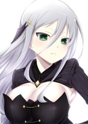 Rule 34 | 1girl, armpits, betterthanbone2, black corset, blush, body blush, breasts, cleavage, closed mouth, corset, frown, green eyes, grey hair, hair between eyes, hair ornament, highres, large breasts, long hair, looking at viewer, pentagram, pentagram hair ornament, senkou (senran kagura), senran kagura, senran kagura new link, shiny skin, sidelocks, simple background, solo, tsurime, upper body, white background, yellow gemstone