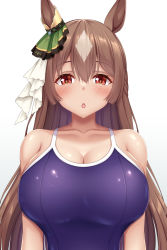 Rule 34 | 1girl, absurdres, animal ears, arms at sides, bad id, bad pixiv id, blue gemstone, blue one-piece swimsuit, blush, braid, breasts, brown hair, chestnut mouth, cleavage, collarbone, commentary request, competition school swimsuit, french braid, gem, hair between eyes, hair ornament, half-closed eyes, half updo, highres, horse ears, horse girl, large breasts, long hair, looking at viewer, new school swimsuit, one-piece swimsuit, red eyes, satono diamond (umamusume), school swimsuit, simple background, solo, swimsuit, tapisuke, umamusume, upper body, very long hair, white background, white hair