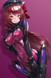 Rule 34 | 1girl, armored bodysuit, black hat, blush, bodysuit, bow, breasts, commission, cosplay, covered erect nipples, covered navel, fortified suit, hand on own chest, hat, highres, impossible bodysuit, impossible clothes, kagami sumika, kagami sumika (cosplay), kurione (zassou), large breasts, long hair, looking at viewer, low ponytail, muv-luv, muv-luv alternative, original, pilot suit, pink bodysuit, ponytail, red eyes, red hair, red ribbon, ribbon, see-through bodysuit, skeb commission, skin tight, smile, solo, very long hair