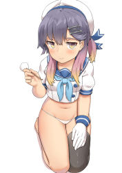 Rule 34 | 1girl, absurdres, bad id, bad pixiv id, black thighhighs, blouse, blue neckerchief, blue sailor collar, blush, breasts, closed mouth, commentary request, crop top, full body, gloves, gradient hair, hair ornament, hairclip, hand on own leg, hat, highres, holding, jitome, kantai collection, lap pillow invitation, legs together, long hair, looking at viewer, medium breasts, mimikaki, multicolored hair, navel, neckerchief, no pants, osananajimi neko, panties, sailor collar, sailor hat, school uniform, seiza, serafuku, shirt, short sleeves, simple background, single glove, single thighhigh, sitting, smile, solo, thighhighs, tsushima (kancolle), underwear, white background, white gloves, white hat, white panties, white shirt, yellow eyes