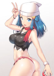 Rule 34 | 1girl, adapted costume, alternate breast size, arm up, ass, beanie, blue eyes, blue hair, cowboy shot, creatures (company), dawn (pokemon), game freak, gradient background, hat, long hair, looking at viewer, looking to the side, midriff, nagase haruhito, nintendo, open mouth, poke ball, poke ball (basic), pokemon, pokemon (anime), red scarf, scarf, solo, standing, thong, v, white hat, wristband