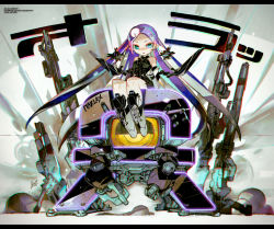 Rule 34 | 1girl, :&lt;, absurdres, aqua eyes, arm support, artist name, bad id, bad pixiv id, bare legs, bare shoulders, black bow, black bowtie, black dress, black footwear, boots, border, bow, bowtie, chromatic aberration, cross-laced footwear, crystal earrings, detached sleeves, dress, dust cloud, ear piercing, earrings, facial mark, footwear bow, forehead, frilled dress, frills, gothic lolita, gun, hair ornament, hair tubes, hairclip, headlight, highres, jewelry, jnt, landing, lolita fashion, long hair, looking at viewer, low wings, mecha, mechanical wings, mixed media, multicolored hair, open mouth, original, parted bangs, piercing, pointy ears, purple hair, rifle, robot, screentones, shirt, shoes, short dress, short eyebrows, signature, sitting, sleeveless, sleeveless shirt, solo, title, tsurime, two-tone hair, very long hair, weapon, white hair, wings