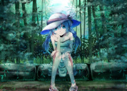 Rule 34 | 1girl, blue hair, head rest, dress, hat, hatsune miku, looking at viewer, mariwai (marireroy), sandals, sitting, smile, solo, sun hat, twintails, vocaloid