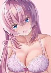 Rule 34 | 1girl, absurdres, arms under breasts, blue eyes, bow, bow bra, bra, breasts, cleavage, collarbone, commentary, gradient background, hair between eyes, highres, ichinose (24746718), ichinose honami (youjitsu), large breasts, long hair, looking at viewer, open mouth, pink background, pink hair, purple bra, simple background, solo, strap slip, underwear, upper body, youkoso jitsuryoku shijou shugi no kyoushitsu e
