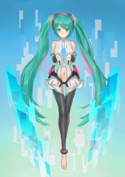 Rule 34 | 1girl, absurdly long hair, absurdres, barefoot, black hair, breasts, detached sleeves, full body, green eyes, green hair, hat, hatsune miku, hatsune miku (append), highres, jinyuan712, long hair, looking at viewer, multiple girls, navel, solo, thighhighs, very long hair, vocaloid, vocaloid append