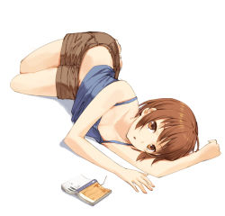 Rule 34 | 1girl, :o, barefoot, book, brown eyes, brown hair, camisole, female focus, full body, looking at viewer, lying, on side, original, short hair, shorts, simple background, solo, white background, yamamoto shima