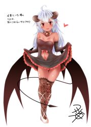 Rule 34 | 1girl, ahoge, ankle lace-up, bare shoulders, black dress, black gloves, blush, breasts, clothing cutout, cross-laced footwear, crossed legs, dark-skinned female, dark skin, demon girl, demon horns, demon tail, detached collar, dress, elbow gloves, frilled dress, frills, full body, gloves, heart, horns, long hair, looking at viewer, medium breasts, navel, navel cutout, original, parted lips, pointy ears, red eyes, riel (yua), signature, silver hair, simple background, skirt hold, smile, solo, strapless, strapless dress, tail, thigh gap, thighhighs, white background, wings, yua (checkmate)