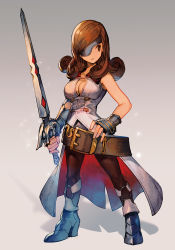 Rule 34 | 1girl, beatrix (ff9), belt, breasts, brown hair, brown pants, cleavage, curly hair, dress, expressionless, eyepatch, final fantasy, final fantasy ix, fingerless gloves, gloves, hand on own hip, high heels, holding, holding sword, holding weapon, hungry clicker, large breasts, looking to the side, medium hair, no nose, pants, save the queen, solo, square enix, sword, weapon