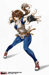 Rule 34 | 1girl, artist name, breasts, brown eyes, brown hair, cleavage, dougi, fighting stance, fingerless gloves, foreshortening, gloves, headband, highres, large breasts, lips, long hair, noh seong-min, outstretched hand, ponytail, ryuuko no ken, shirt, shoes, sneakers, socks, solo, spandex, t-shirt, the king of fighters, yuri sakazaki
