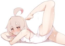 Rule 34 | 1girl, ahoge, barefoot, blush, commentary, feet, flexible, foot out of frame, genderswap, genderswap (mtf), grin, highres, huge ahoge, legs, long hair, lying, nekono matatabi, on stomach, one-piece swimsuit, onii-chan wa oshimai!, oyama mahiro, smile, soles, solo, stretching, swimsuit, toes, wet, wet clothes, wet swimsuit, white one-piece swimsuit