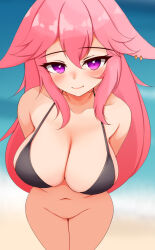 Rule 34 | 1girl, animal ears, arms behind back, ayatori (aytr), bare shoulders, bikini, bikini top only, black bikini, blurry, blurry background, blush, bottomless, breasts, cleavage, closed mouth, collarbone, cowboy shot, day, depth of field, fox ears, genshin impact, groin, highres, large breasts, long hair, looking at viewer, navel, outdoors, pink hair, purple eyes, smile, solo, swimsuit, very long hair, water, yae miko