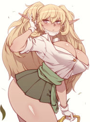 Rule 34 | 1girl, blonde hair, blush, breasts, carcass (artist), cleavage, clothes around waist, dark elven forest ranger, dress shirt, elf, gloves, gyaru, highres, jacket, jacket around waist, kogal, large breasts, last origin, long hair, mask, mask pull, miniskirt, mouth mask, partially unbuttoned, pleated skirt, pointy ears, purple eyes, school uniform, shirt, short twintails, skirt, solo, surgical mask, tsurime, twintails, very long hair, white gloves