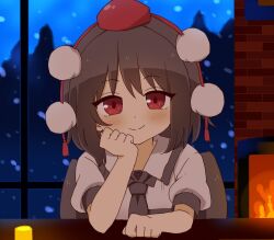Rule 34 | 1girl, black hair, blush, closed mouth, collared shirt, hat, looking at viewer, pom pom (clothes), puffy short sleeves, puffy sleeves, red eyes, red hat, shameimaru aya, shirt, short hair, short sleeves, sitting, smile, solo, tokin hat, totoharu (kujirai minato), touhou, white shirt