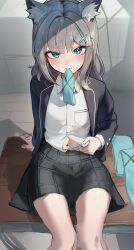 Rule 34 | 1girl, absurdres, animal ear fluff, animal ears, apopo, aqua eyes, aqua necktie, arm support, black skirt, blue archive, blush, cross hair ornament, desk, feet out of frame, grey hair, hair ornament, highres, indoors, jacket, looking at viewer, mismatched pupils, mouth hold, navel, necktie, on desk, open clothes, open jacket, plaid, plaid skirt, scarf, unworn scarf, school desk, school uniform, shiroko (blue archive), shirt, sitting, skirt, solo, stomach, white shirt, wolf ears