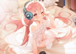 Rule 34 | 1girl, absurdres, ahoge, bare shoulders, blurry, blurry background, blush, collarbone, commentary request, depth of field, evante (pride of eden), groin, hair between eyes, hair ornament, hand up, handheld game console, headphones, highres, huge filesize, low twintails, navel, neon trim, pink hair, red: pride of eden, red eyes, rubbing eyes, see-through, sleepy, solo, star (symbol), star hair ornament, stuffed animal, stuffed rabbit, stuffed toy, the cold, twintails, waking up