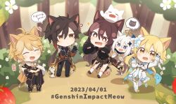 Rule 34 | 2boys, 3girls, ?, aether (genshin impact), ahoge, animal ear fluff, animal ears, black footwear, black gloves, black hair, black pants, blonde hair, blue eyes, blurry, blurry background, blush stickers, boo tao (genshin impact), boots, braid, braided ponytail, brown hair, cat, cat ears, chibi, closed eyes, commentary, dated, dress, english text, fang, floating, flower, genshin impact, gloves, gradient hair, hair flower, hair ornament, halo, hands up, highres, hu tao (genshin impact), long sleeves, low ponytail, lumine (genshin impact), multicolored hair, multiple boys, multiple girls, open mouth, outdoors, paimon (genshin impact), pants, short hair with long locks, siblings, skin fang, sleeves past wrists, smile, spoken animal, standing, standing on one leg, symbol-shaped pupils, thigh boots, thighs, totatokeke, tree, v-shaped eyebrows, white dress, white flower, white footwear, white hair, yellow eyes, zhongli (genshin impact)