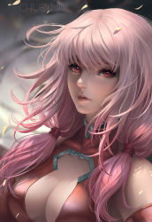 Rule 34 | artist name, bare shoulders, blurry, blurry background, breasts, center opening, chuby mi, cleavage, detached sleeves, guilty crown, highres, long hair, looking at viewer, medium breasts, pink hair, portrait, red eyes, twintails, upper body, wind, yuzuriha inori