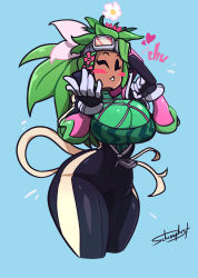 Rule 34 | 1girl, artist name, big hair, black bodysuit, black eyes, blaster master zero, blaster master zero 2, blowing kiss, blue background, blush stickers, bodysuit, bracelet, breasts, catsuit, colored skin, cowboy shot, cropped legs, flower, flower on head, food print, gloves, goggles, goggles on head, green hair, green skin, hair ribbon, heart, high collar, highres, holding, jewelry, kanna (blaster master zero), large breasts, legs together, long hair, long sleeves, looking at viewer, monster girl, no pupils, one eye closed, parted lips, partially unzipped, pink flower, plant, plant girl, potted plant, ribbon, schizophist, signature, simple background, solo, standing, tail, thick thighs, thighs, watermelon print, white flower, wide hips, zipper, zipper pull tab