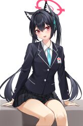 Rule 34 | 1girl, absurdres, animal ear fluff, animal ears, black hair, black jacket, black skirt, blue archive, blue necktie, blush, buttons, cat ears, collared shirt, costone, fang, feet out of frame, hair between eyes, halo, highres, jacket, long hair, long sleeves, looking at viewer, necktie, open mouth, plaid, plaid skirt, pleated skirt, red eyes, red halo, serika (blue archive), shirt, sitting, skin fang, skirt, smile, solo, white shirt