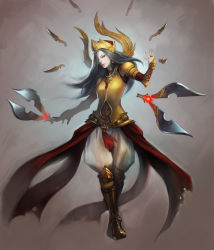 Rule 34 | 1girl, alternate costume, arm guards, armor, bad deviantart id, bad id, blade, boots, dagger, expressionless, floating, full body, glowing, greaves, grey hair, hair over one eye, hat, helmet, irelia, jewelry, knee boots, knife, league of legends, lips, long hair, looking at viewer, necklace, noa ikeda, pants, pants tucked in, pearl necklace, puffy pants, ring, shoulder pads, simple background, solo, standing, throwing, weapon