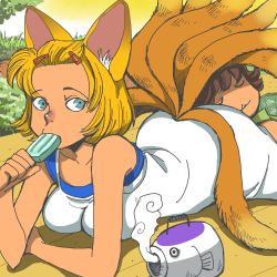 Rule 34 | 2girls, :3, alternate costume, alternate hairstyle, animal ears, blonde hair, breast rest, breasts, chen, collarbone, female focus, food, forehead, fox, fox ears, fox tail, hair ornament, hair up, hairclip, head on ass, looking at viewer, lying, medium breasts, multiple girls, multiple tails, no headwear, no headwear, no nose, on stomach, onikobe rin, outdoors, popsicle, short hair, sleeping, tail, touhou, yakumo ran