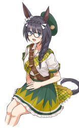 Rule 34 | 1girl, :d, adapted costume, animal ears, artist name, belt, black-framed eyewear, black hair, blue eyes, braid, breasts, brown belt, crown braid, dated, feet out of frame, glasses, green skirt, hair over shoulder, highres, horse ears, horse girl, kawashina (momen silicon), large breasts, long hair, looking at viewer, open mouth, shirt, short sleeves, side braid, simple background, sitting, skirt, smile, solo, umamusume, white background, white shirt, zenno rob roy (umamusume)