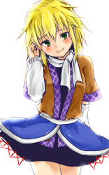 Rule 34 | 1girl, arm warmers, backlighting, blonde hair, blush, green eyes, tucking hair, happy, highres, looking at viewer, lovestruck, mizuhashi parsee, monrooru, playing with own hair, pointy ears, pov, robe, scarf, skirt, solo, touhou