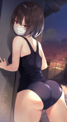 Rule 34 | 1girl, absurdres, against wall, ass, back, bare legs, black one-piece swimsuit, breasts, brown eyes, brown hair, building, commentary request, evening, fence, from behind, highres, looking at viewer, looking back, masco, mask, medium breasts, mouth mask, one-piece swimsuit, original, pool, school swimsuit, short hair, solo, standing, surgical mask, swimsuit, thighs