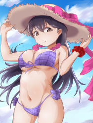 Rule 34 | 1girl, azur lane, bikini, black hair, blue sky, breasts, brown eyes, cosplay, cygnet (azur lane), cygnet (azur lane) (cosplay), cygnet (sea star on shore) (azur lane), day, flower, flower necklace, front-tie bikini top, front-tie top, hat, highres, hiiro (atlas), jewelry, kantai collection, large breasts, lei, long hair, necklace, nvale, plaid, plaid bikini, side-tie bikini bottom, sky, solo, straw hat, swimsuit, ushio (kancolle)