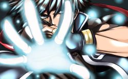 Rule 34 | 1boy, black hair, fingerless gloves, gloves, glowing, glowing hand, haruichi (komikal), headband, majutsushi orphen, male focus, muscular, orphen, outstretched arm, outstretched hand, scowl, solo