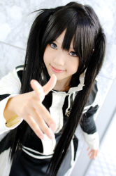 Rule 34 | 1girl, asian, black hair, blue eyes, breasts, color contacts, cosplay, d.gray-man, kipi-san, lenalee lee, lenalee lee (cosplay), long hair, looking at viewer, petite, photo (medium), pointing, pointing at viewer, small breasts, solo, twintails, uniform