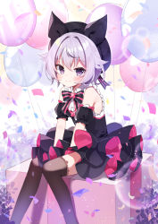 Rule 34 | 1girl, balloon, bare shoulders, beret, black dress, black hat, black sleeves, blush, bow, box, brown thighhighs, closed mouth, collared shirt, commentary request, confetti, detached sleeves, dress, dress shirt, feet out of frame, gift, gift box, hair between eyes, hat, indie virtual youtuber, korean commentary, kyue (vtuber), layered dress, mauve, pleated dress, puffy short sleeves, puffy sleeves, purple eyes, purple hair, shirt, short sleeves, sleeveless, sleeveless shirt, smile, solo, striped, striped bow, thighhighs, virtual youtuber, white shirt