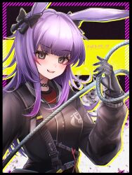 Rule 34 | 1girl, 3 (sanyako1), absurdres, animal ears, arknights, black border, black bow, black eyes, black gloves, black jacket, blush, border, bow, breasts, dated, gloves, hair bow, highres, holding, holding rope, jacket, long hair, long sleeves, looking at viewer, parted lips, purple hair, rabbit ears, rabbit girl, red shirt, rope, rope (arknights), shirt, simple background, small breasts, smile, solo, teeth, upper body, upper teeth only