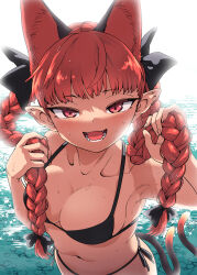 Rule 34 | 1girl, absurdres, animal ears, bare arms, bare shoulders, bikini, black bikini, blush, braid, breasts, cat ears, cat tail, cleavage, extra ears, fangs, fuuzasa, halterneck, highres, kaenbyou rin, large breasts, long hair, multiple tails, navel, open mouth, pointy ears, red eyes, red hair, revision, sharp teeth, side-tie bikini bottom, slit pupils, smile, solo, string bikini, swimsuit, tail, teeth, touhou, twin braids, two tails, upper body