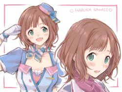 Rule 34 | 1girl, amami haruka, blue bow, blue dress, blue ribbon, blush, bow, bow choker, breasts, brown hair, character name, clenched hand, collarbone, dot nose, dress, gloves, green eyes, hand up, hat, hat ribbon, heart, highres, idolmaster, idolmaster (classic), idolmaster million live!, idolmaster million live! theater days, looking at viewer, medium breasts, multiple views, nogoodlife, open mouth, purple scarf, ribbon, scarf, short hair, short sleeves, simple background, smile, striped, striped bow, two-tone headwear, white background, white gloves