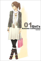 Rule 34 | 1girl, arms at sides, bag, black pantyhose, boots, clothes writing, english text, fashion, full body, holding, holding bag, jewelry, necklace, original, pantyhose, scarf, solo, standing, yoshito